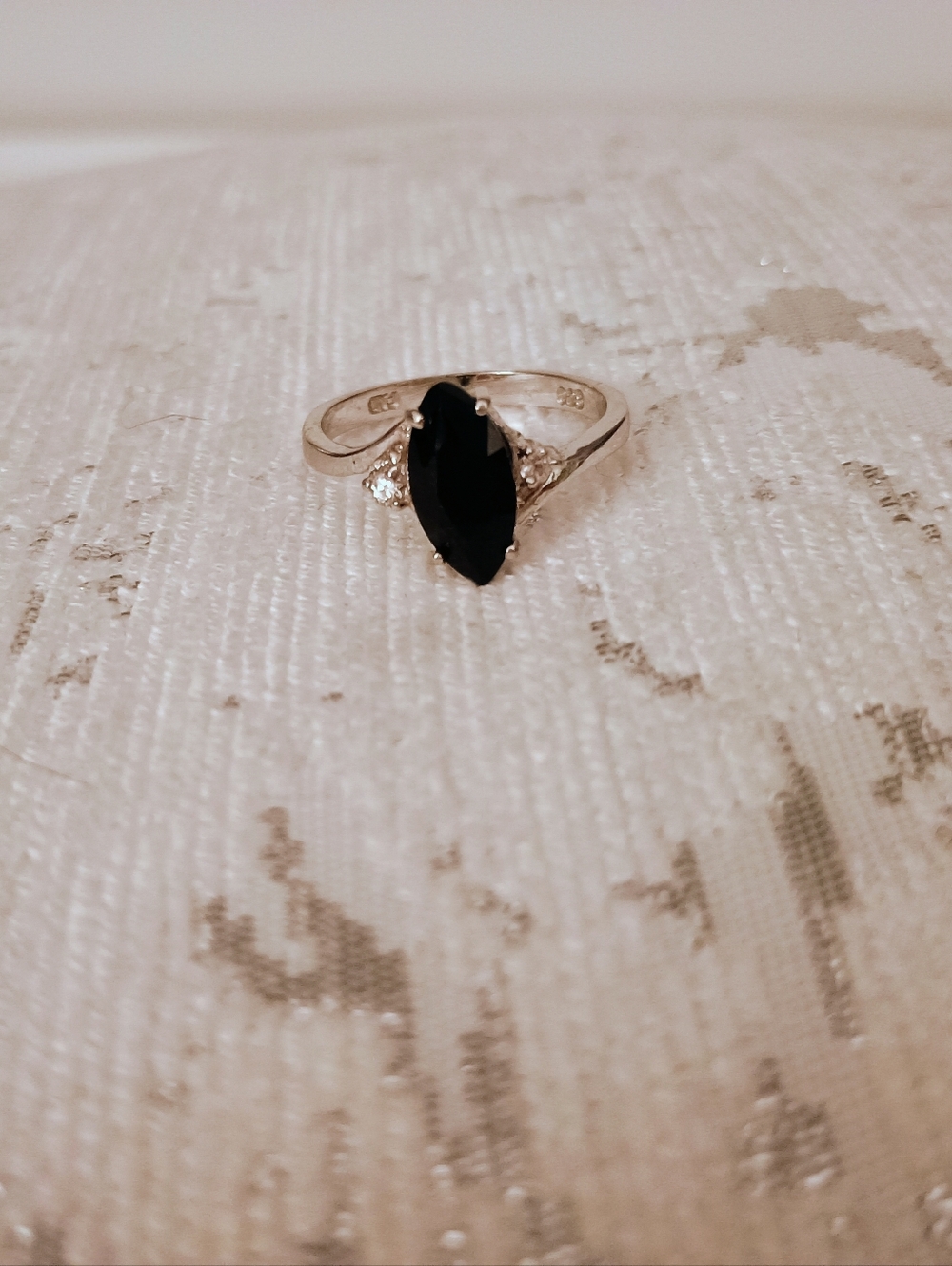 PRICE FIRM 925 Sterling Silver Marquise Onyx & Cubic Zirconia Ring, Size 8